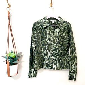St John Sport Green Animal Print Button Front Top Vintage Size M